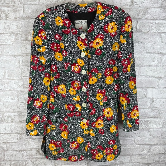 Vintage Mondi Floral‎ Button Up Jacket Blazer Size 34 / 4 Women’s Red b&w - Picture 1 of 9